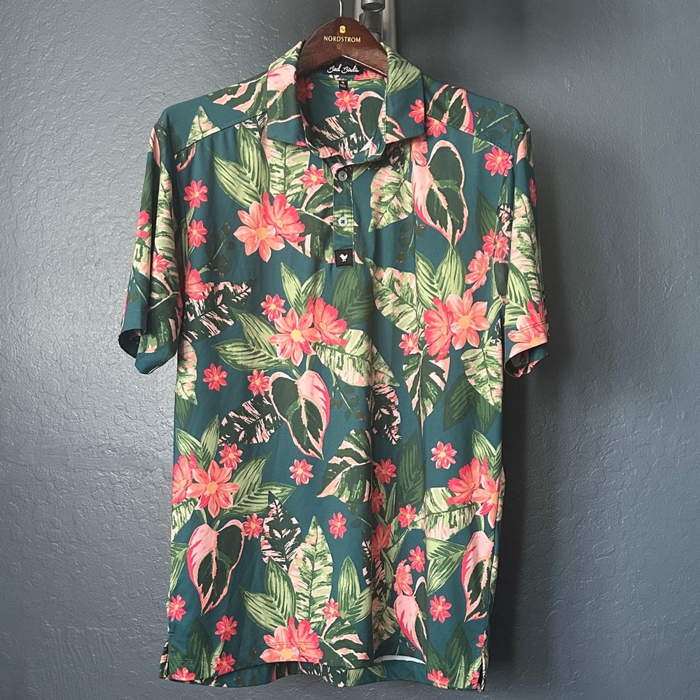 Bad Birdie Men's Bad Botanist Tropical Floral polo - Green and Pink